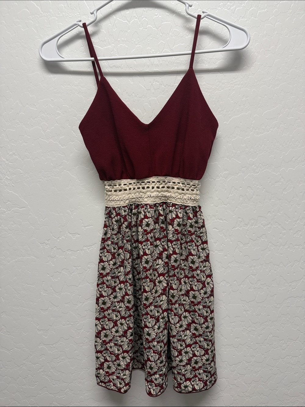 Maroon Spaghetti-Strap Mini Dress with Crochet Waist